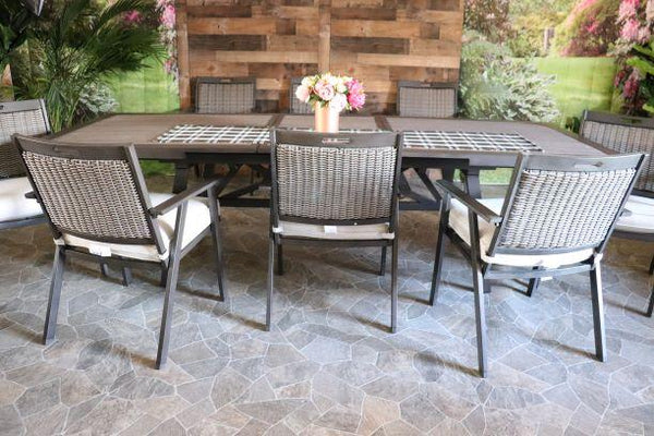 Agio Addison Aluminum Ps Wood Wicker Cayman Outdoor Patio Dining Extension Table Chairs for Eight Outdura