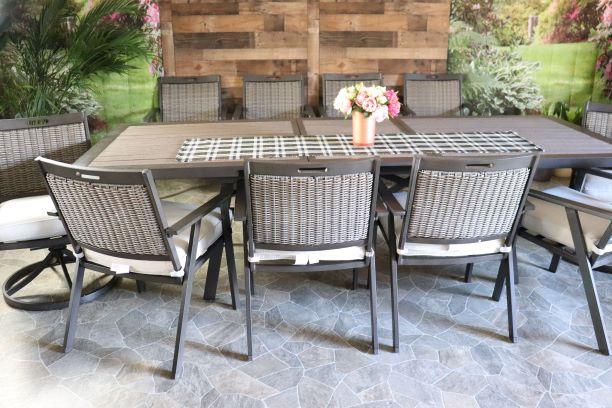 Agio Addison Aluminum Ps Wood WIcker Cayman Patio Outdoor DIning Extension Table Chairs Swivel for Ten Outdura Cushions