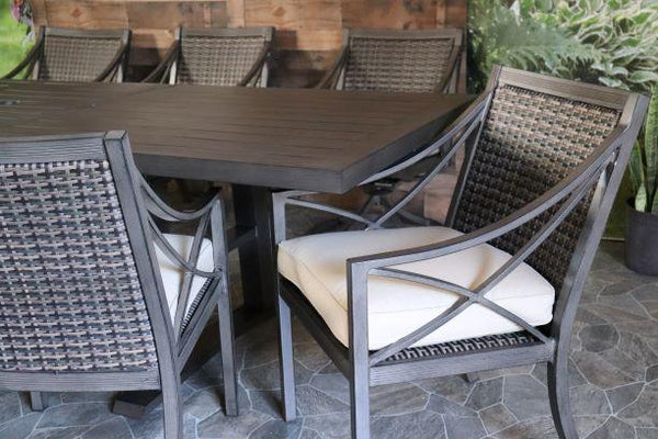 Agio Metropolitan Aluminum Wicker Dining Outdoor Patio Extension Table Seating For Eight Dning Chairs Sunbrella Cushions