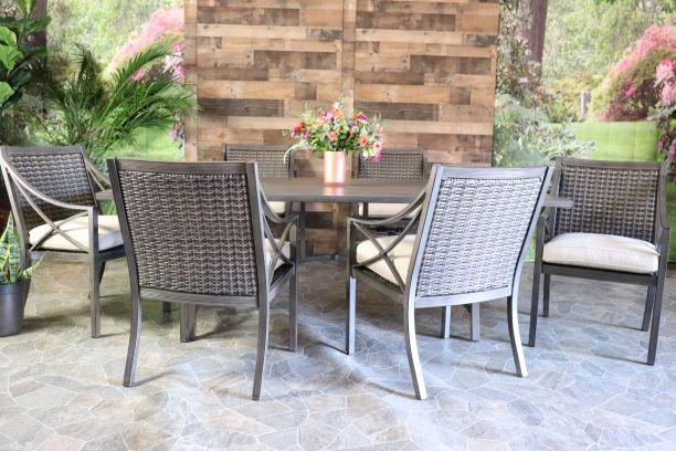 Agio Metropolitan Aluminum Wicker Dining Outdoor Patio Table Dining Chairs For Six Sunbrella Cushions