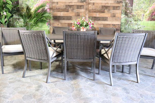 Agio Metropolitan Aluminum Wicker Outdoor Patio Dining Extension Table For Eight Dining Chairs Sunbrella Cushions