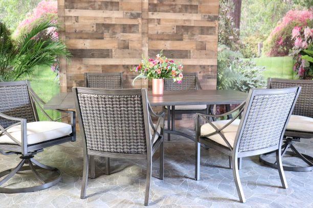 Agio Metropolitan Aluminum Wicker Outdoor Patio Dining Table For Six Dining Swivel Chairs Sunbrella