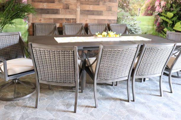 Agio Metropolitan Aluminum Wicker Patio Outdoor Dining Extension Table Eight Chairs Two Swivel