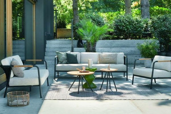 alfresco home apple bee outdoor furniture ellebelt seating aluminum teak belt and rope patio sofa club chairs coffee table set