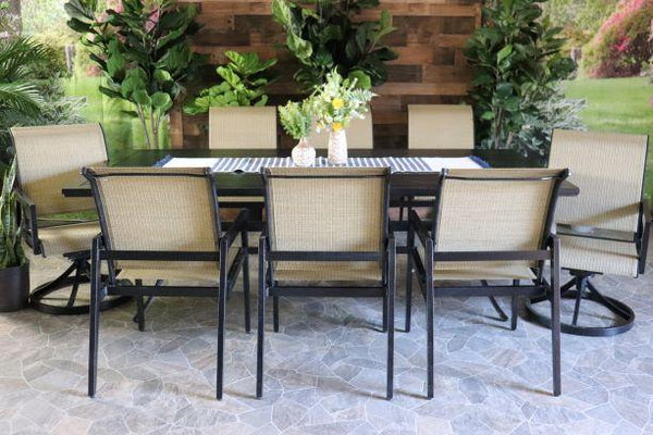 alfresco home aston aluminum pvc sling patio outdoor dining set table six chairs two swivel