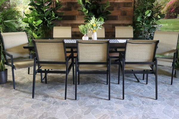 alfresco home aston aluminum pvc sling patio outdoor dining set black table slat eight chairs
