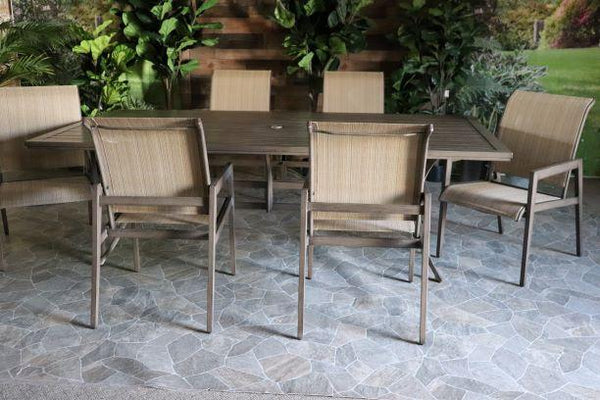 alfresco home aston aluminum PVC sling dining outdoor set patio seating for six  table dining chairs