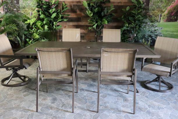 alfresco home aston aluminum PVC sling dining patio set outdoor table dining chairs four swivel chairs two