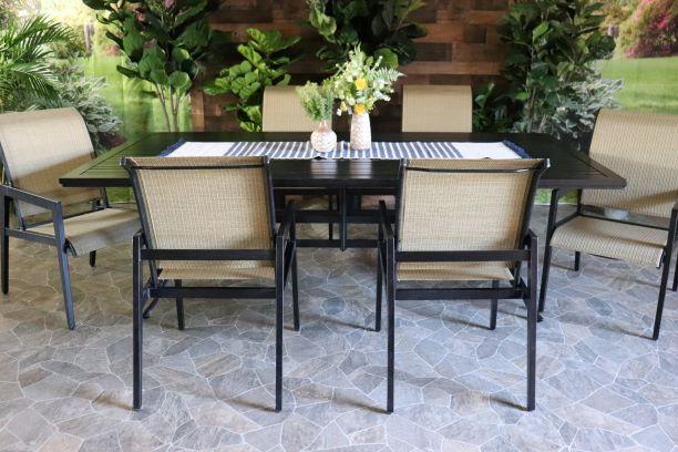 alfresco home aston aluminum pvc sling patio outdoor dining set table chairs six slat