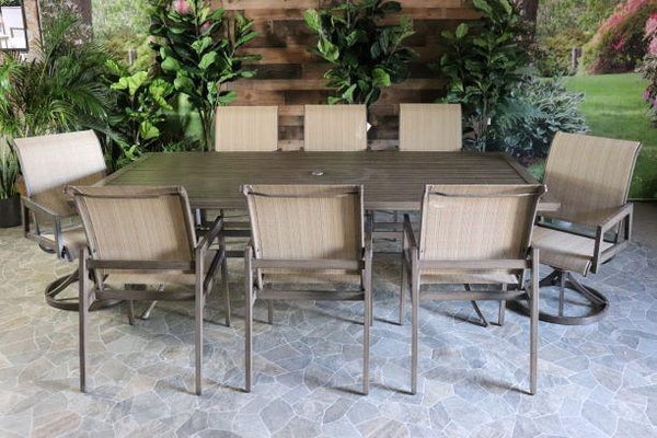 alfresco home aston aluminum PVC sling patio outdoor dining set table dining chairs six swivel chairs two