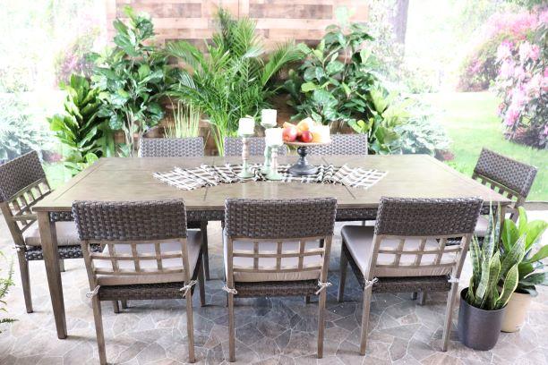 alfresco home cedarbrook aluminum wicker accents dining table two arm chairs six side chairs set