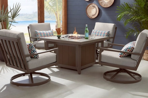 Apricity By Agio Carmel Aluminum Outdoor Patio Seating Gas Fire Pit Swivel Chairs Outdura Cushions