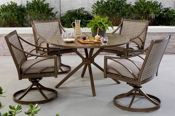 Apricity By Agio Potomac Aluminum All Weather Wicker Accents Outdoor Patio Dining Table Round 48 Swivel Chairs