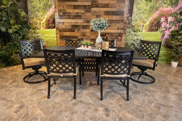 DWL Chateau Aluminum Outdoor Dining 46x86 Weave Table with 4 Stationary and 2 Swivel Chairs