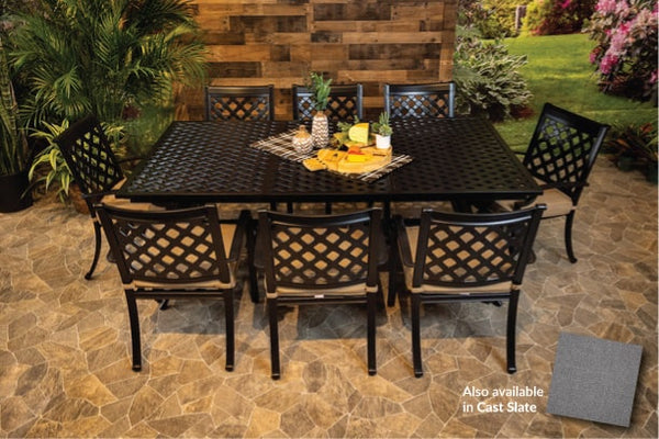 DWL Chateau Aluminum Outdoor Dining Weave Extension Table with 8 Chairs and Sunbrella Cushions in Cast Slate 40434