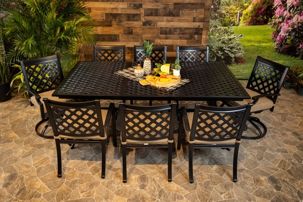 DWL Chateau Aluminum Outdoor Weave Extension Table with 6 Stationary and 2 Swivel Dining Chairs