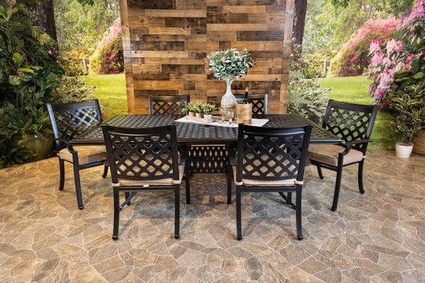 DWL Chateau Aluminum Patio Dining 46x86 weave Table with 6 Dining Chairs