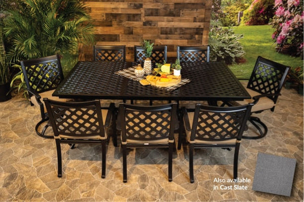 DWL Chateau Outdoor Dining Weave Extension Table with 6 Stationary and 2 Swivel Chairs with Sunbrella Cushions in Cast Slate