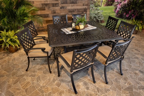 DWL Glenhaven Chateau Outdoor Aluminum Dining Set 64x64 Square Chelsea Table 8 Dining Chairs