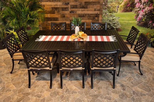 DWL Glenhaven 11 Piece Aluminum Outdoor Dining Set 60x93 Stone Harbor Table 10 Dining Chairs