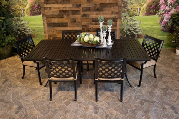 DWL Glenhaven Aluminum Outdoor Dining 46x93 Stone Harbor Table with 6 Chairs