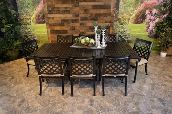 DWL Glenhaven Aluminum Outdoor Dining 46x93 Stone Harbor Table with 8 Dining Chairs