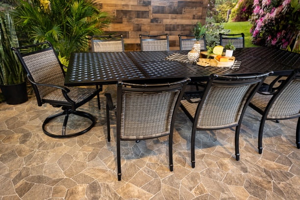 DWL Glenhaven Bimini 11 Piece Outdoor Dining Weave Extension Table 8 Stationary and 2 Swivel Dining Chairs