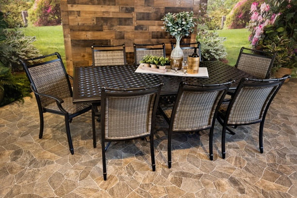 DWL Glenhaven Bimini 9 Piece Aluminum Outdoor Dining 46x86 Weave Table with 8 Dining Chairs
