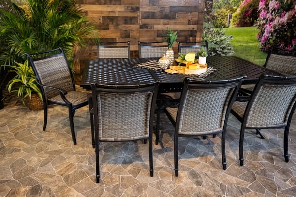 DWL Glenhaven Bimini 9 Piece Outdoor Dining Aluminum Weave Table with 8 Dining Chairs