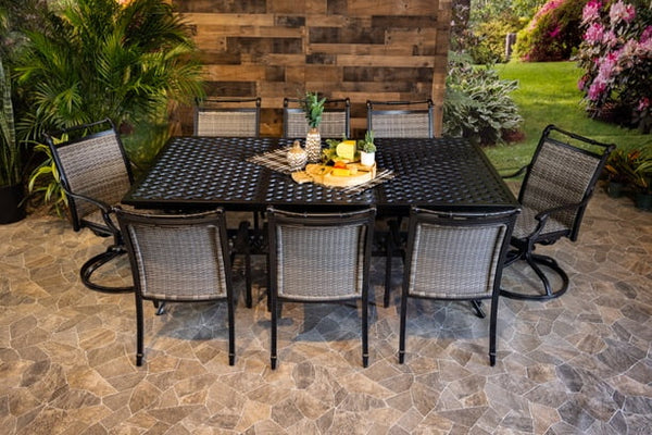 DWL Glenhaven Bimini Aluminum Woven Extension Outdoor Dining Table 6 Stationary and 2 Swivel Dining Chairs