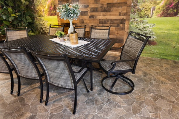 DWL Glenhaven Bimini Outdoor Dining Aluminum 46x86 Weave Table with 6 Stationary and 2 Swivel Chairs