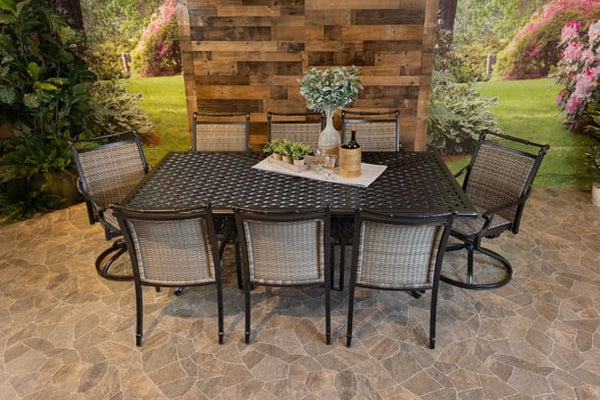 DWL Glenhaven Bimini Outdoor Patio Dining Aluminum 46x86 Weave Table with 6 Stationary and 2 Swivel Dining Chairs
