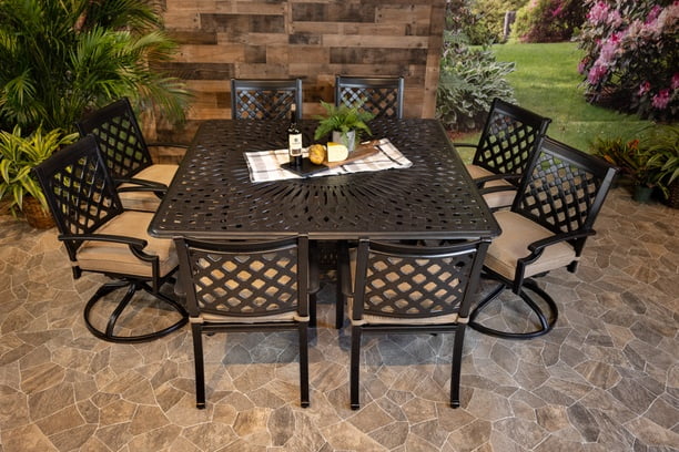 DWL Glenhaven Chateau 9 Piece Outdoor Dining 64x64 Square Chelsea Table 4 Stationary 4 Swivel Chairs
