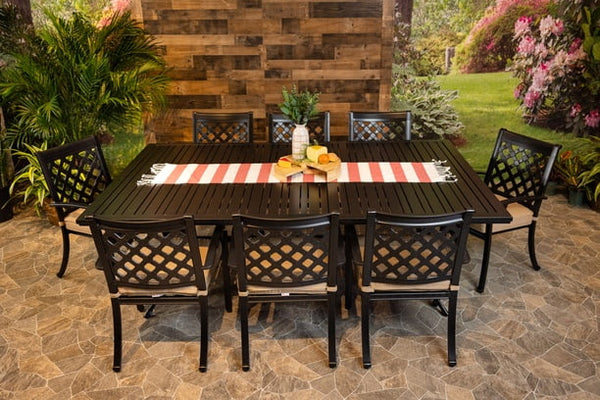 DWL Glenhaven Chateau 9 Piece Outdoor Dining Set Aluminum 60x93 Stone Harbor Table 8 Dining Chairs