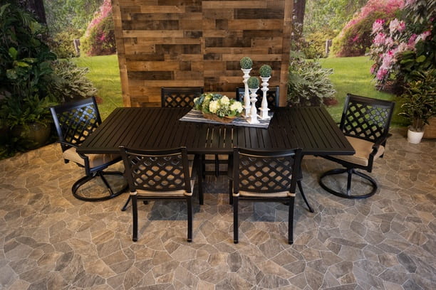 DWL Glenhaven Chateau Aluminum Outdoor Dining 46x93 Stone Harbor Table with 4 Stationary and 2 Swivel Dining Chairs