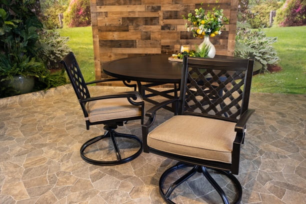 DWL Glenhaven Chateau Aluminum Outdoor Dining 66 Inch Round Stone Harbor Table with Swivel Chairs