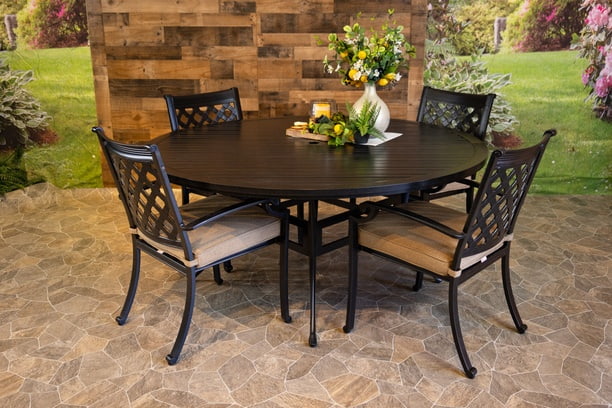 DWL Glenhaven Chateau Aluminum Patio Dining 66 Inch Round Stone Harbor Table with 4 Dining Chairs