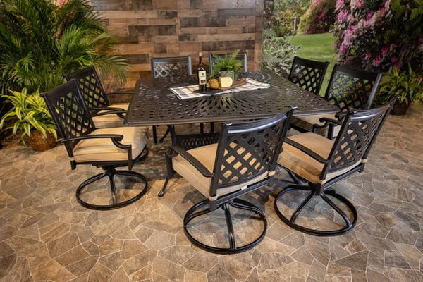 DWL Glenhaven Chateau Aluminum Patio Dining 9 Piece Set 64x64 Chelsea Square Table 8 Swivel Dining Chairs