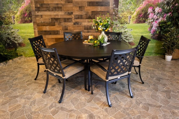 DWL Glenhaven Chateau Outdoor Aluminum Dining 66 Inch Round Stone Harbor Table with 6 Dining Chairs