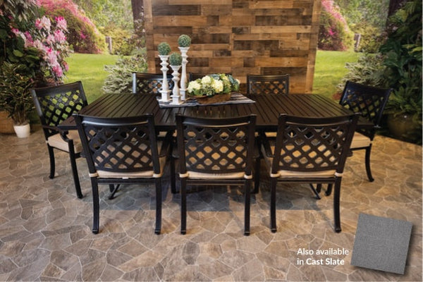 DWL Glenhaven Chateau Outdoor Dining 46x93 Stone Harbor Table with 8 Chairs and Sunbrella Cast Slate Cushions 40434