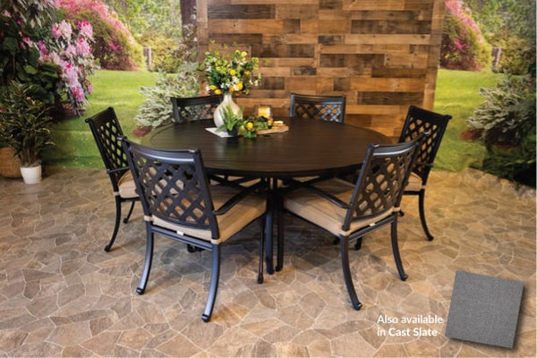 DWL Glenhaven Chateau Patio Dining 66 Round Stone Harbor Slat Table and 6 Chairs with Sunbrella Cushions in Cast Slate 40434