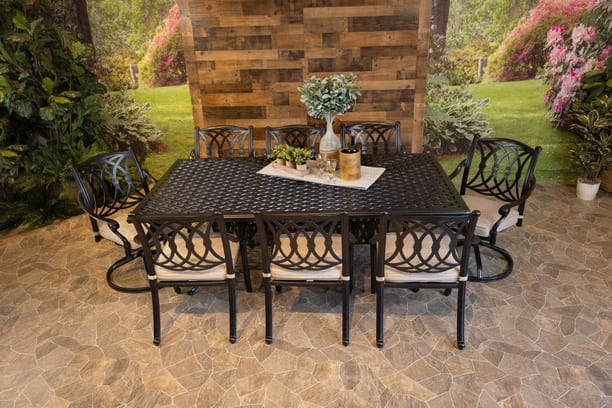 DWl Glenhaven Chelsea Aluminum Outdoor Dining 46x86 Weave Table with 6 Stationary and 2 Swivel Dining Chairs