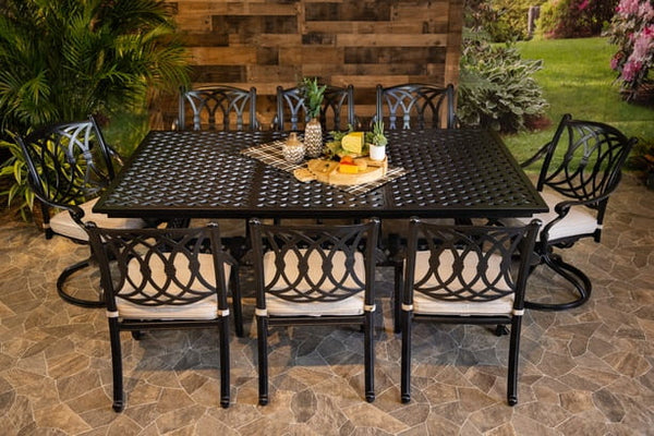DWL Glenhaven Chelsea Aluminum Outdoor Dining Weave Extension Table with 6 Stationary and 2 Swivel Dining Chairs