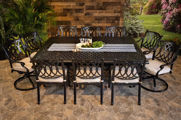 DWL Glenhaven Chelsea Outdoor Dining Aluminum 60x84 Weave Table 6 Stationary and 4 Swivel Chairs