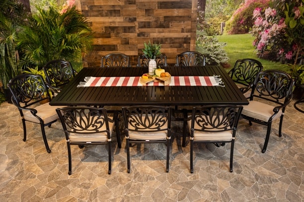 DWL Glenhaven Lynnwood Aluminum Outdoor Dining 60x93 Stone Harbor Slat Table with 10 Chairs