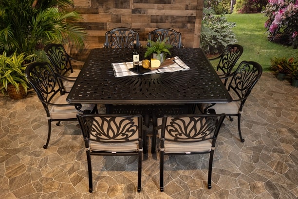 DWL Glenhaven Lynnwood Aluminum Outdoor Dining 64x64 Chelsea Table with 8 Chairs