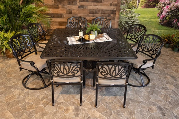 DWL Glenhaven Lynnwood Aluminum Outdoor Dining 64x64 Square Chelsea Table with 4 Stationary and 4 Swivel Dining Chairs