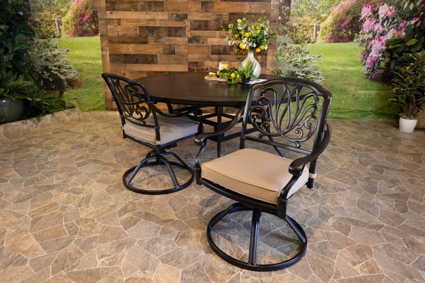 DWL Glenhaven Lynnwood Aluminum Outdoor Dining Stone Harbor 66 Round Table with Swivel Chairs