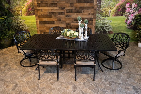 DWL Glenhaven Lynnwood Aluminum Patio Dining 46x93 Stone Harbor Table with 4 Stationary and 2 Swivel Chairs