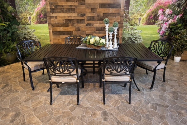 DWL Glenhaven Lynnwood Aluminum Patio Dining 46x93 Stone Harbor Table with 6 Dining Chairs